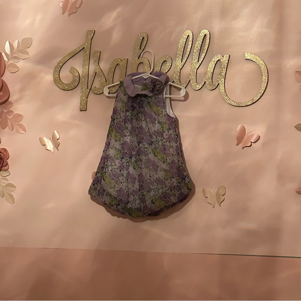 24M blouse dress. Cute purple flowery onesie dress by Baby Essentials.